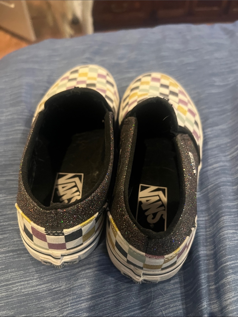 Women’s Slip-On Checkerboard Glitter Sneakers - Black, Gold, Purple, Green - Picture 4 of 4